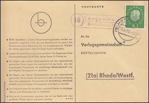 Payspost Langenthal via HofgeisHEIM 1 - 13.10.1960 sur carte postale vers Rheda
