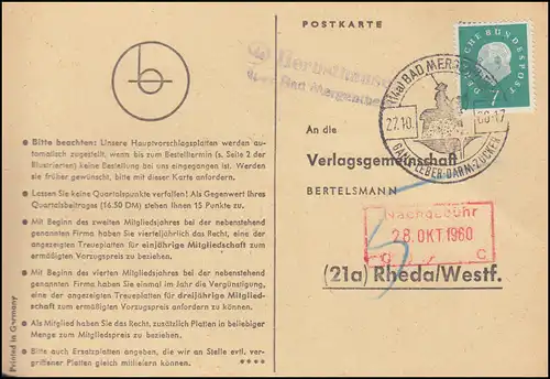 Landpost Herbsthausen über BAD MERGENTHEIM Postkarte mit SSt 27.10.60 nach Rheda