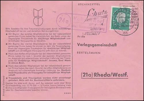 Payspost Vahrendorf via HAMBURG-HARBUNG 4.10.1960 sur carte postale vers Rheda