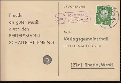 Landpost Riepen via WARTORF 15.10.1960 sur carte postale vers Rheda/Westf.