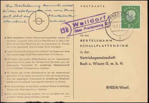 Landpost Weildorf sur FREILASSING 9.9.1960 sur carte postale vers Rheda/Westf.