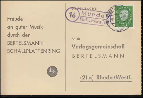 Landpost Münden sur FRANKENBERG (ESTER) PAYS 1.11.1960 sur carte postale vers Rheda