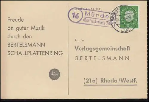 Landpost Münden über FRANKENBERG (EDER) LAND 1.11.1960 auf Postkarte nach Rheda