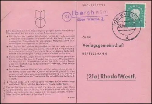 Landpost Ibersheim über WORMS 2 - 24.10.1960 auf Postkarte nach Rheda