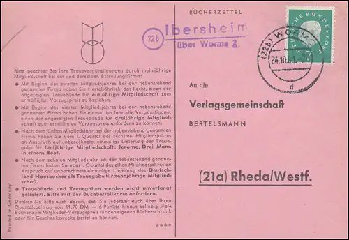 Landpost Ibersheim via WORMS 2 - 24.10.1960 sur carte postale vers Rheda