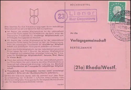 Landpost Liener über Clopenburg auf Postkarte SSt CLOPPENBURG 4.11.60 nach Rheda