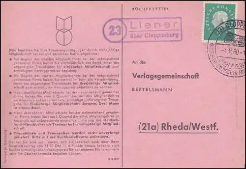 Landpost Liener über Clopenburg auf Postkarte SSt CLOPPENBURG 4.11.60 nach Rheda