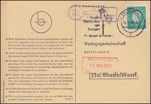 Landpost Wehden über BREMERHAVEN 12.11.1960 auf Postkarte nach Rheda/Westf.