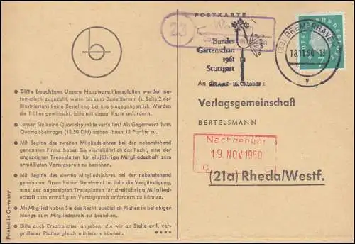 Landpost Wehden über BREMERHAVEN 12.11.1960 auf Postkarte nach Rheda/Westf.