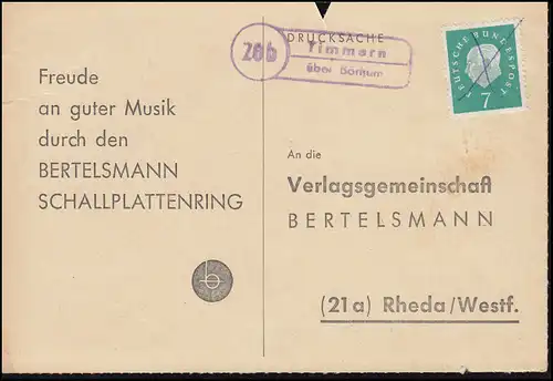 Landpost Timmern über Börßum auf Postkarte handschriftlich entwertet, 31.8.1960
