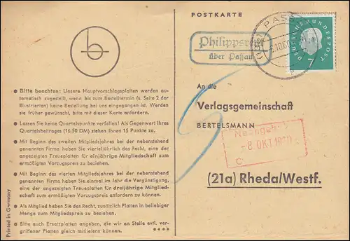 Pays-Bas: Philippsreuth via PASSAU 6.10.1960 sur carte postale vers Rheda/Westf.