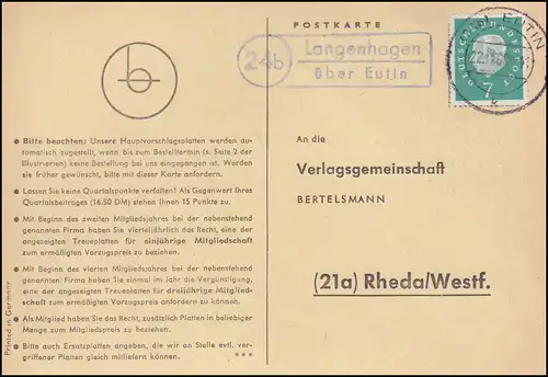 Landpost Langenhagen über EUTIN 22.11.1960 auf Postkarte nach Rheda/Westf.