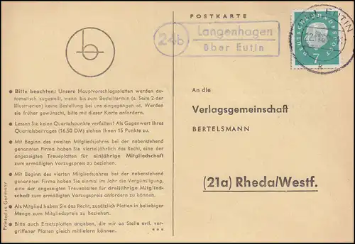 Landpost Langenhagen via EUTIN 22.11.1960 sur carte postale vers Rheda/Westf.