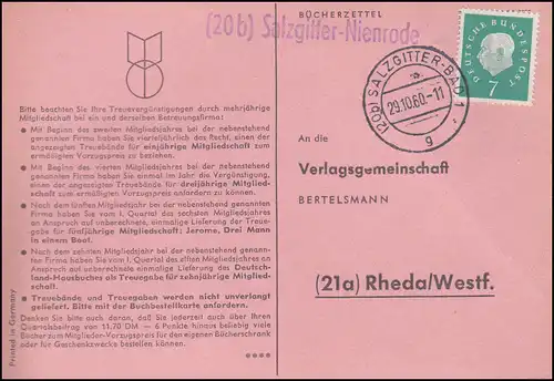 Landpost Salzgitter-Nienrode auf Postkarte SALZGITTER-BAD 29.10.1960 nach Rheda