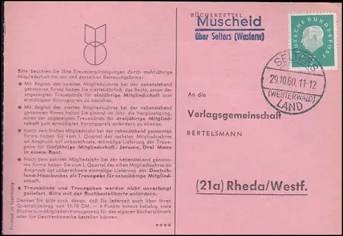 Landpost Muscheid über SELTERS WESTERWALD LAND 29.10.1960, Postkarte nach Rheda