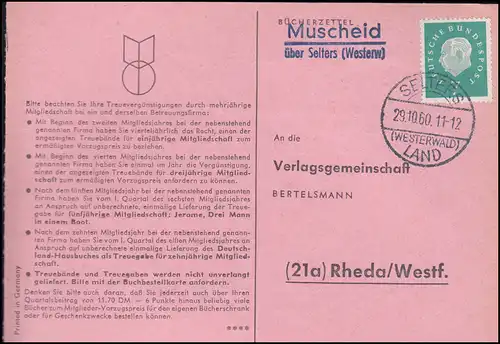 Pays-Bas: Muscheid via SELTERS WESTERWALD PAYS 29.10.1960, carte postale par Rheda
