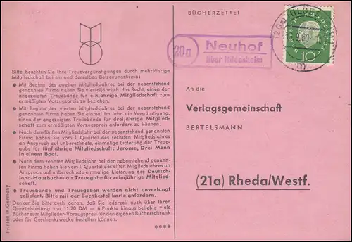 Landpost Neuhof sur HILDESHEIM 10.9.1960 sur carte postale vers Rheda/Westf.