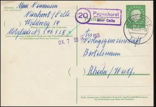 Landpost Papenhorst über CELLE 6.10.1960 auf Postkarte nach Rheda/Westf.