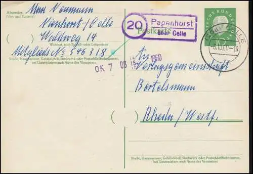 Landpost Papenhorst über CELLE 6.10.1960 auf Postkarte nach Rheda/Westf.