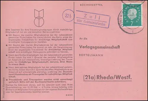 Landpost Zell via KIRCHHEIMBOLANDEN 24.10.1960 sur carte postale vers Rheda/Westf.