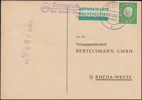 Landpost Sassenroth über BETZDORF (SIEG) 19.11.1960 auf Postkarte nach Rheda