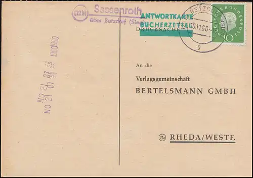 Pays-Bas: Sassenroth via BETZDORF (SIEG) 19.11.1960 sur carte postale vers Rheda