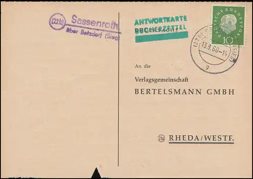 Pays-Bas: Sasseroth via BETZDORF (SIEG) 13.9.60 sur carte postale vers Rheda/Westf.