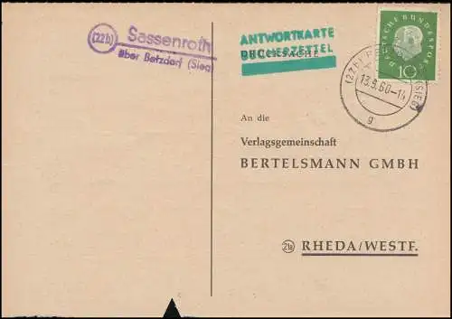 Pays-Bas: Sasseroth via BETZDORF (SIEG) 13.9.60 sur carte postale vers Rheda/Westf.