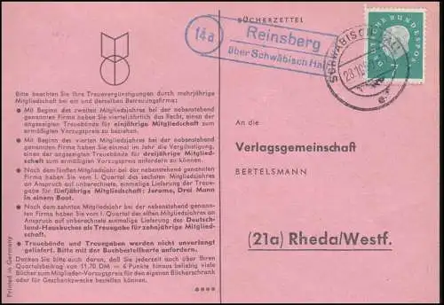 Landpost Reinsberg über SCHWÄBISCH HALL 28.10.1960 auf Postkarte nach Rheda