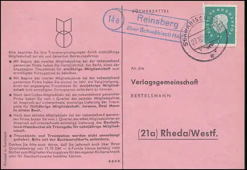 Landpost Reinsberg via SCHWEBISCH HALL 28.10.1960 sur carte postale vers Rheda