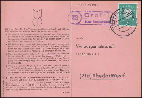 Landpost Grafel sur BREMERVÖRDE 1.11.1960 sur carte postale vers Rheda