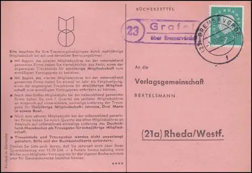 Landpost Grafel über BREMERVÖRDE 1.11.1960 auf Postkarte nach Rheda