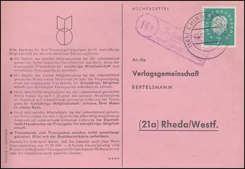 Landpost Schmiechen über EHRINGEN (DONAU) 11.10.1960 auf Postkarte nach Rheda