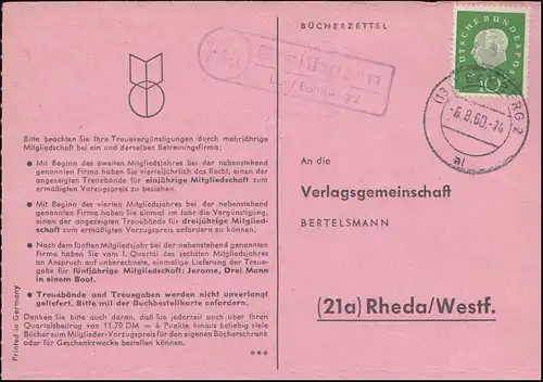 Landpost Breitbrunn sur BAMBERG 6.8.1960 sur carte postale vers Rheda