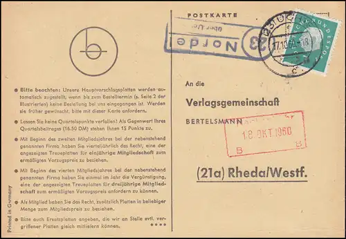 Landpost Nordel über UCHTE 17.10.1960 auf Postkarte nach Rheda