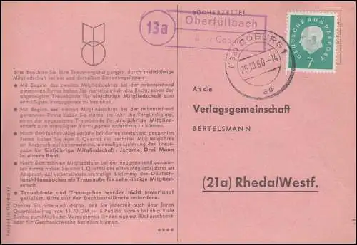 Landpost Oberfüllbach über COBURG 26.10.1960 auf Postkarte nach Rheda