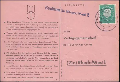 Landpost Beckum (Bz. Münster Westf) 2 auf Postkarte BECKUM 10.11.1960 nach Rheda