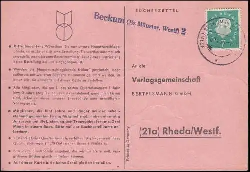 Landpost Beckum (Bz. Münster Westf) 2 auf Postkarte BECKUM 10.11.1960 nach Rheda