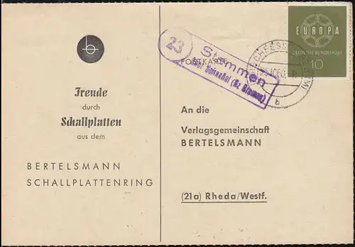 Landpost Stemmen über SCHEESSEL (Bz. BREMEN) 25.10.1960 auf Postkarte nach Rheda