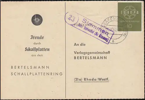 Pays-Bas: Stommen via SCHEESEL (Br. BREMEN) 25.10.1960 sur carte postale vers Rheda