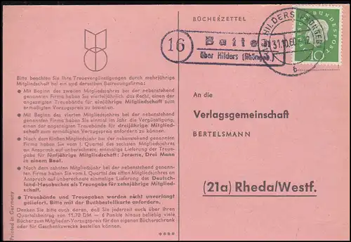 Landpost Batten über HILDERS (RHÖNGEB.) 31.10.1960 auf Postkarte nach Rheda