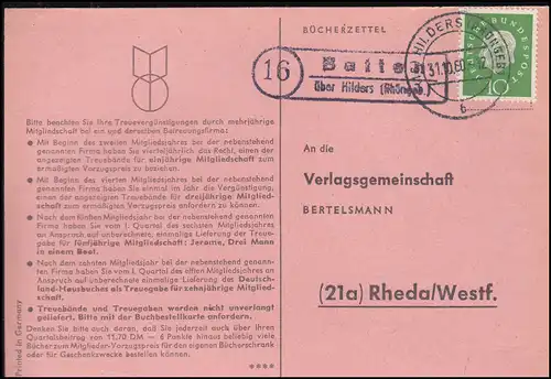 Pays-Bas: Batten, via HILDERS (RHÖNGEB.) 31.10.1960, carte postale vers Rheda