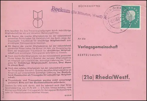 Landpost Beckum (Bz. Münster Westf) 2 auf Postkarte BECKUM 2.11.60 nach Rheda