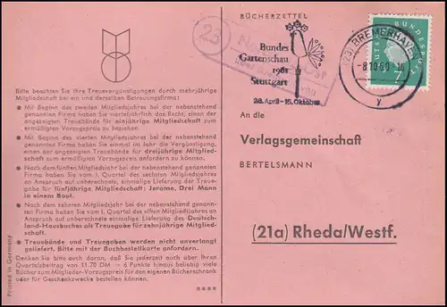 Pays-Bas Nordholz-Est via BREMERHAVEN 8.10.1960 sur carte postale vers Rheda