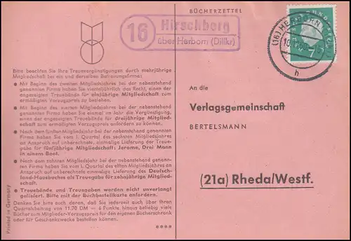 Landpost Hirschberg über HERBORN (DILLKr.) 10.11.1960 auf Postkarte nach Rheda