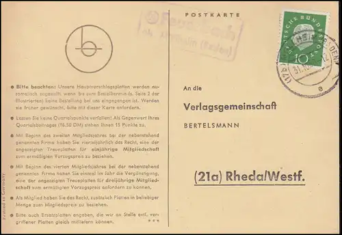 Landpost Feuerbach über MÜLLHEIM (BADEN) 31.10.1960, Postkarte nach Rheda/Westf.