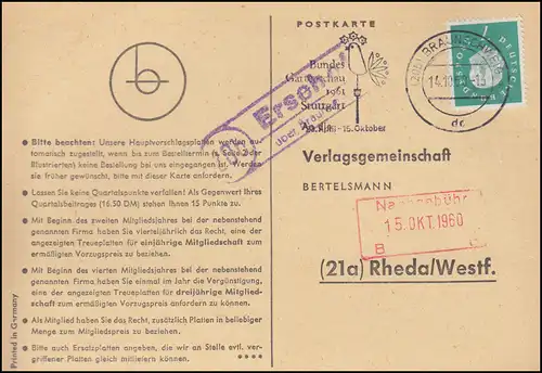 Landpost Ersehof über BRAUNSCHWEIG 14.10.1960 auf Postkarte nach Rheda