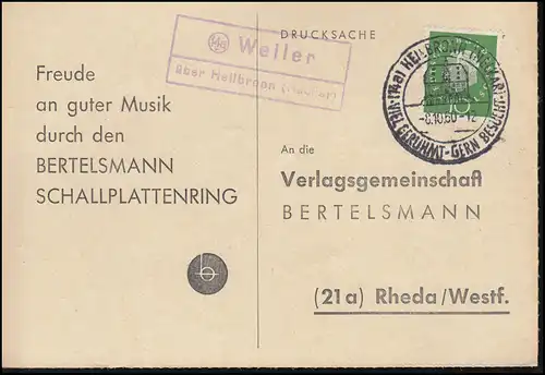 Landpost Weiler über Heilbronn (Neckar) auf Postkarte SSt HEILBRONN 8.10.1960