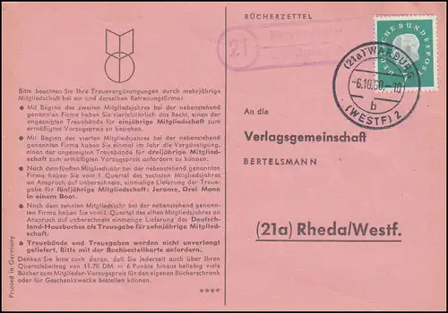 Landpost Frohnhausen über WARBURG (WESTF) 6.12.1960 auf Postkarte nach Rheda