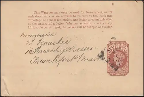 Großbritannien Streifband S 6 Königin Viktoria nach Frankfurt/Main, um 1885